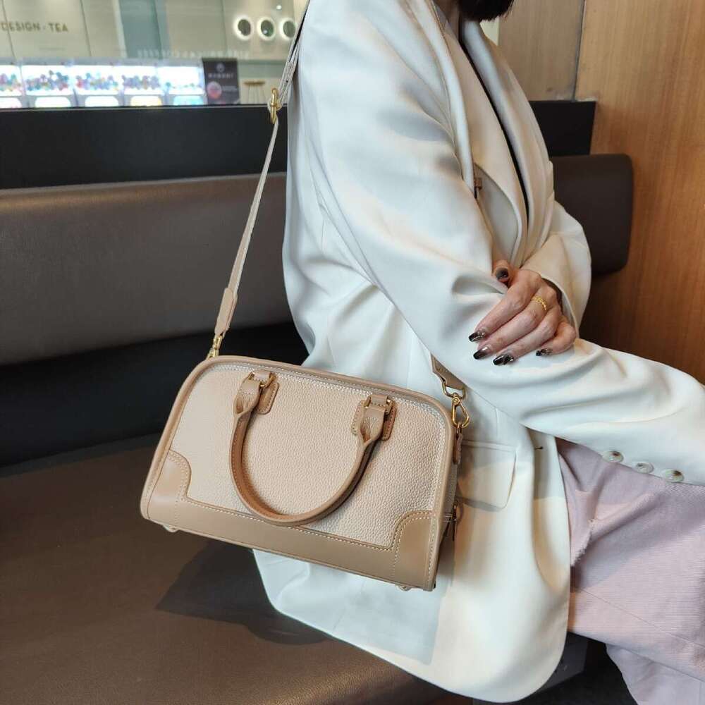 Euro Style Hit-Color Large Capacity Boston Tote For Commuter Natural Cowhide Leather Women Handbag Wide Strap Lady Shoulder Bag