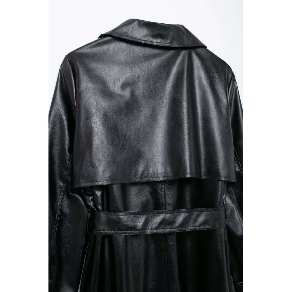TRAFZA Women Fashion PU Trench Lapel Classic Solid Long With Belt New 2024 Fall High Street Leather Coat
