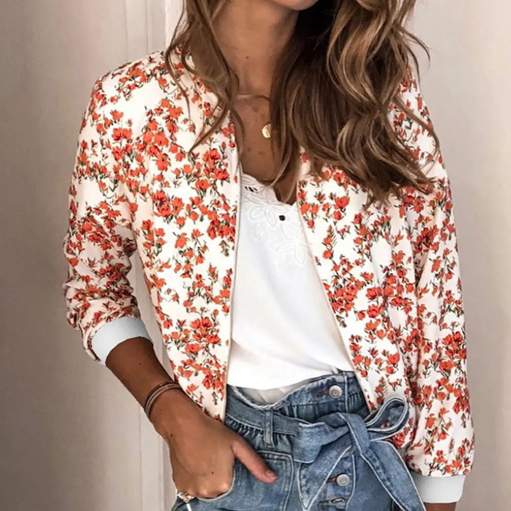 Jocoo Jolee Women Elegant Zipper Bomber Jacket Spring Autumn Floral Printed Jackets Office Wear Slim Office Coat Retro Outwear 241024