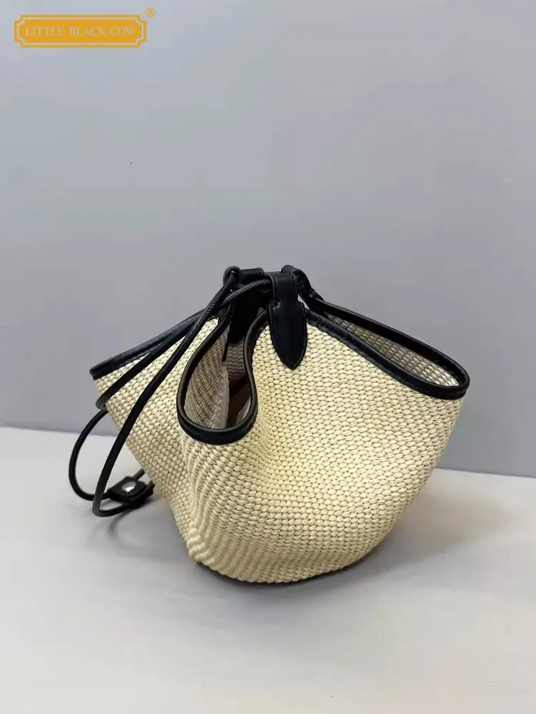 ner Women Summer Holiday Straw Bag Vintage Bucket Shoulder Bags Cow Leather Spliced Beach Casual Handbag 241021