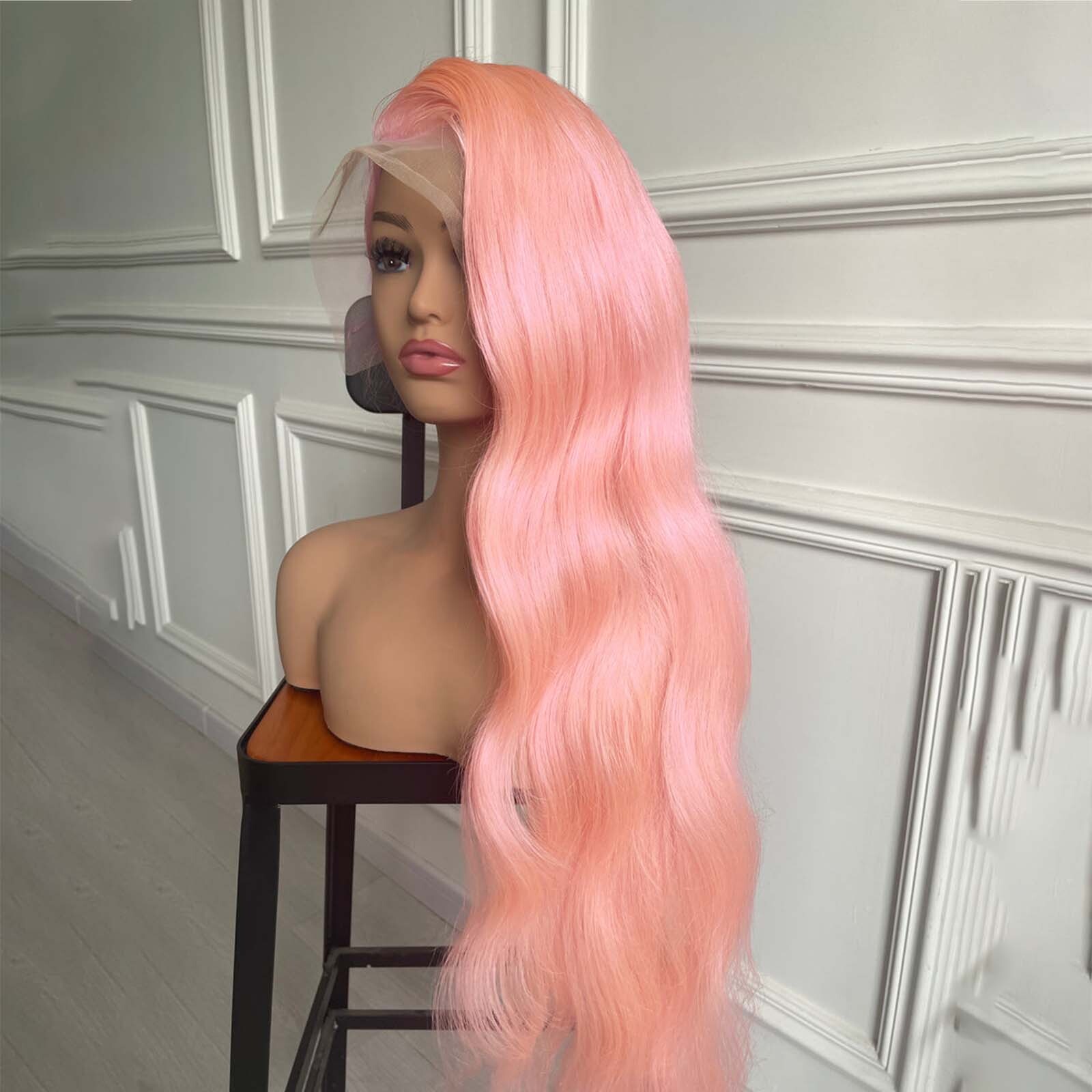 Light Long Wavy Synthetic Front Wig Glueless Natural Body Wave Pink Colored Hair Lace Frontal Wigs for Women Party