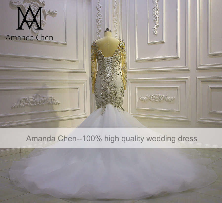 robe longue femme Long Sleeve Crystal Mermaid Wedding Dress