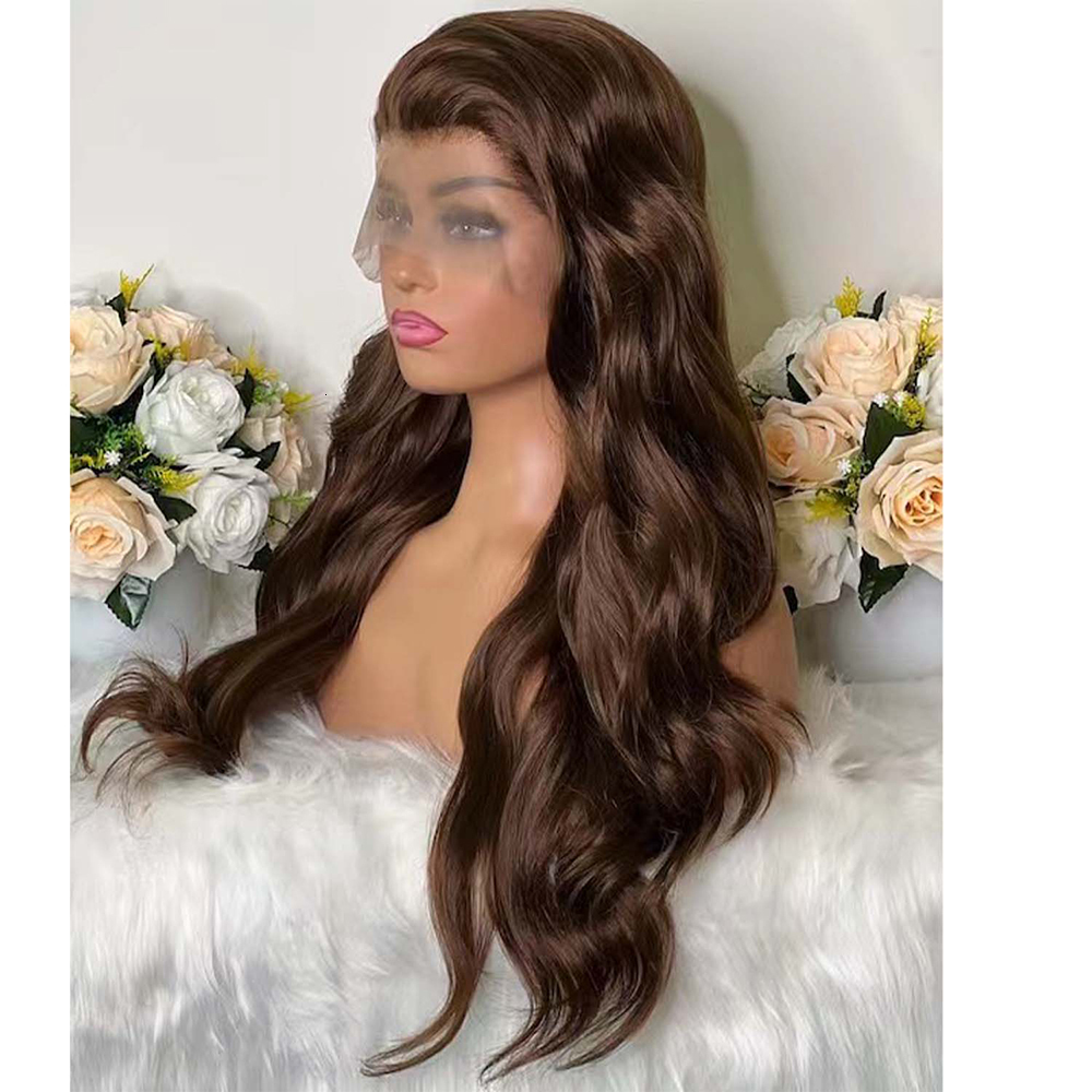 RONGDUOYI Chocolate Dark Brown Long Wavy Synthetic Frontal Wigs for Women Glueless Natural Haire Wave Hair Wig Daily Party