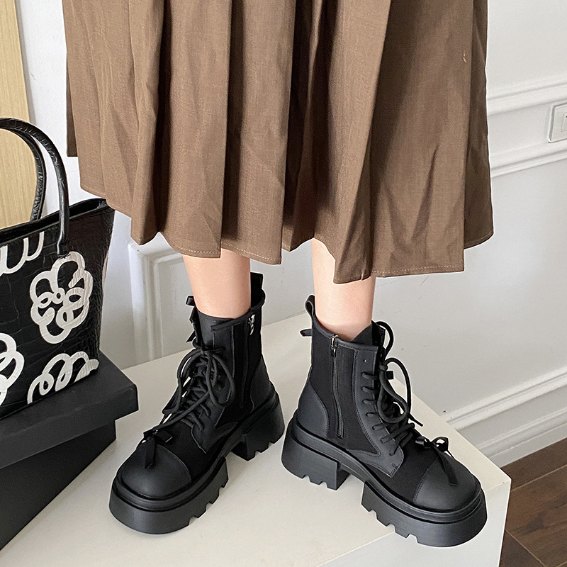 Women Fashion Boots:Thick Sole Martin Boots Bow Design Autumn Winter New Trendy Sweet Style Spicy Girl,Black/Coffee,Free shipping