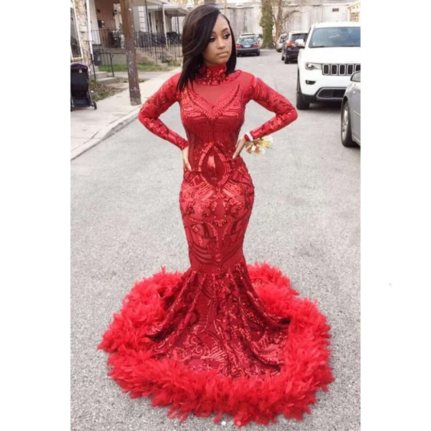 Red Mermaid African Prom Dresses 2020 New Feather Long Sleeve Or Length Sequined High Neck Formal Evening Dress Party Gowns