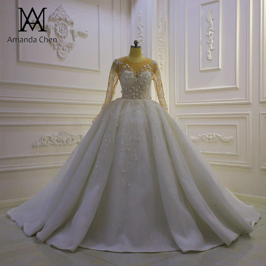 vestido de noiva civil Long Sleeve Lace Appliqued 3D wers Wedding Dress