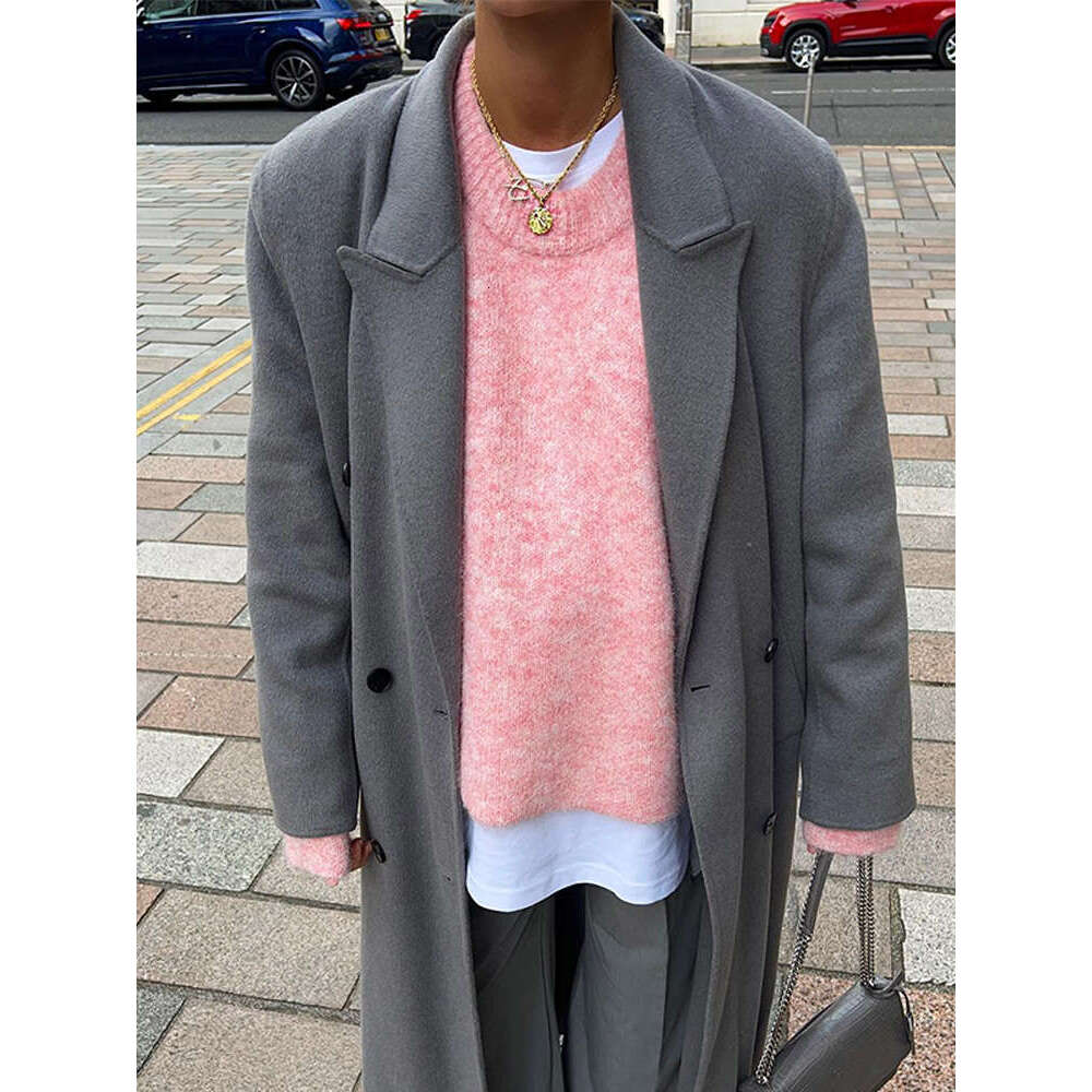 Casual Oversize Pink Women's Cashmere Base Sweater Fashion Long Sleeve Solid Round Collar Pullover 2024 New Lady High Streetwear