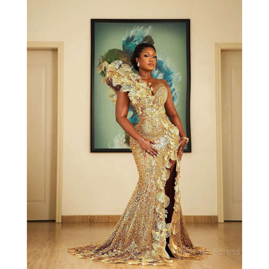 2024 Gold Plus Size Aso Ebi Prom Dresses For Black Women Evening Sequined Lace Mermaid Sexy Side Split Birthday Party Dress Reception Engagement Gowns