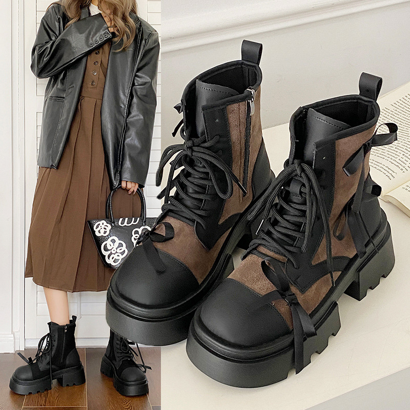 Women Fashion Boots:Thick Sole Martin Boots Bow Design Autumn Winter New Trendy Sweet Style Spicy Girl,Black/Coffee,Free shipping