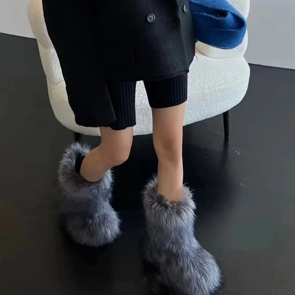 Womens Winter Snow Boots Outdoor Furry Faux Fox Fur Boots Woman Plush Warm Platform Shoes Fashion Bottes Big Size 44 241028