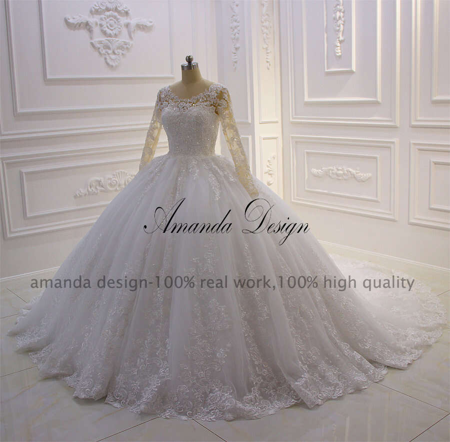 Amanda Design vestido novia playa Long Sleeve Lace Appliqued Wedding Gown for Bride