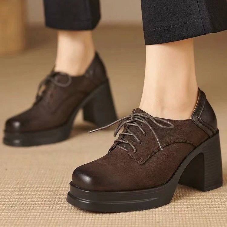 Women Fashion High Heel:Retro Style Chunky Heel Increase Height British Style Square Toe,Black/Brown,Free shipping