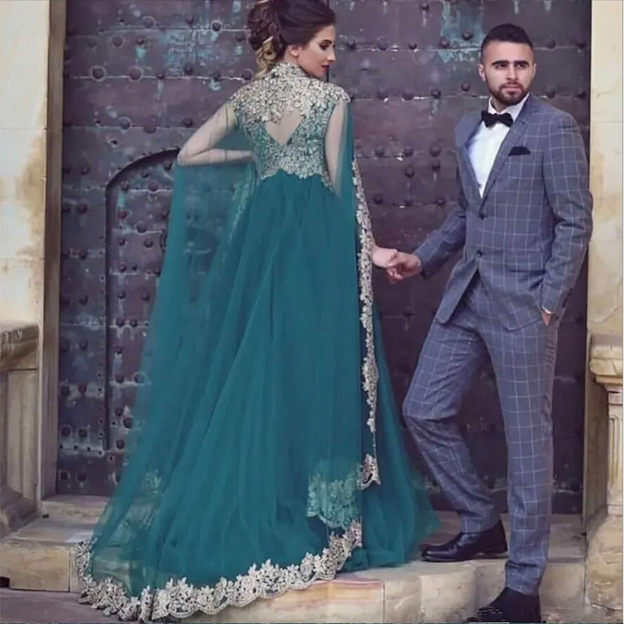 New Green Muslim Dresses A-E V-Neck Tulle Appliques Beaded Islamic Dubai Saudi Arabic Long Elegant Evening Gown 0509