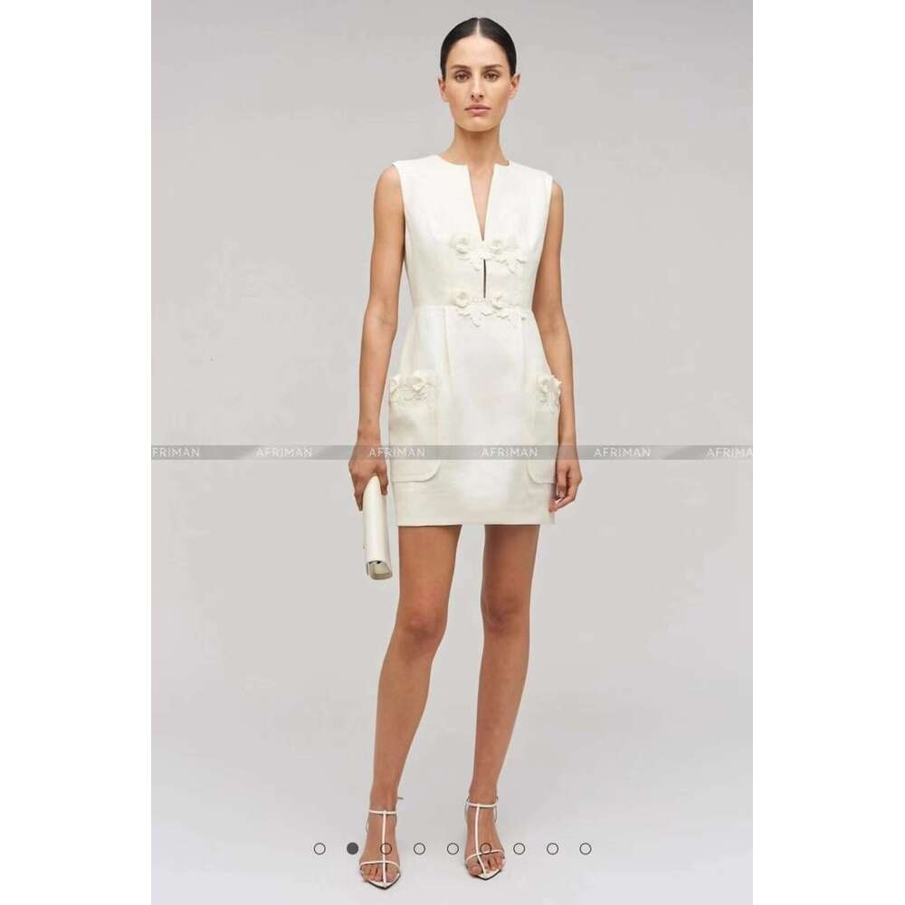 Women V Neck Sleeveless 3D Wer Appliques 100% En Mini Vest Dress