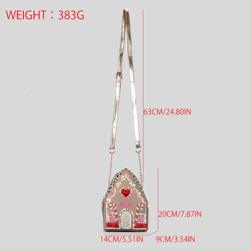 Creative Gingerbread House Shaped Crossbody Bag for Women Love Hearts Bow Deco Rhinestone Shoulder Bags Funny Cute Chains Purses 241025