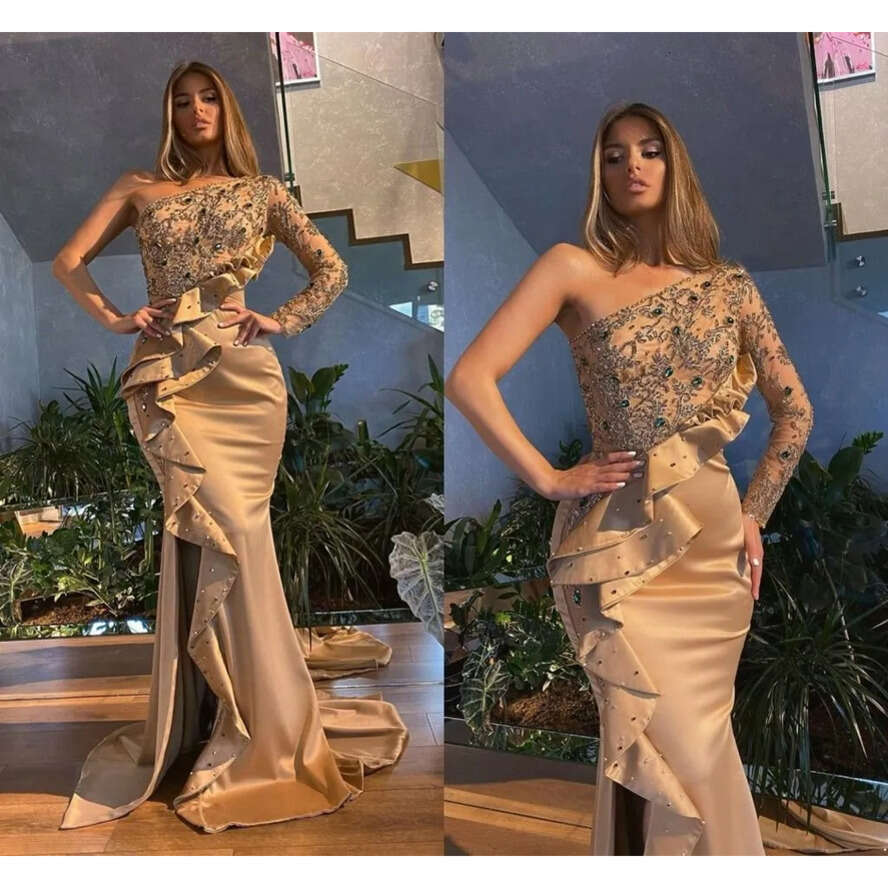 Khaki Prom Gowns One Shoulder Beaded Crystals Ruffles Evening Dresses Custom Made Side Split Party Dress