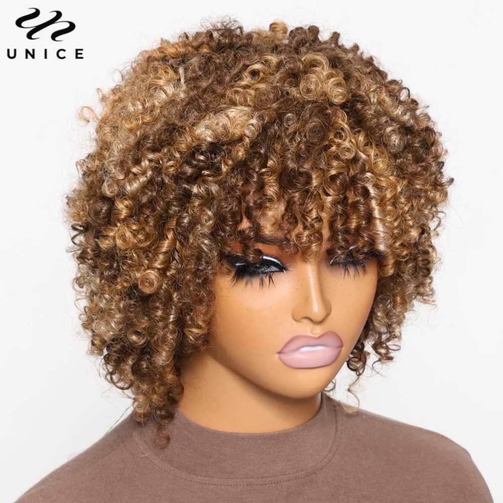 Unice Hair Blonde Highlight quirky curly wig with bangs 100% synthetic short bob wig all male African wig density 150% M241028