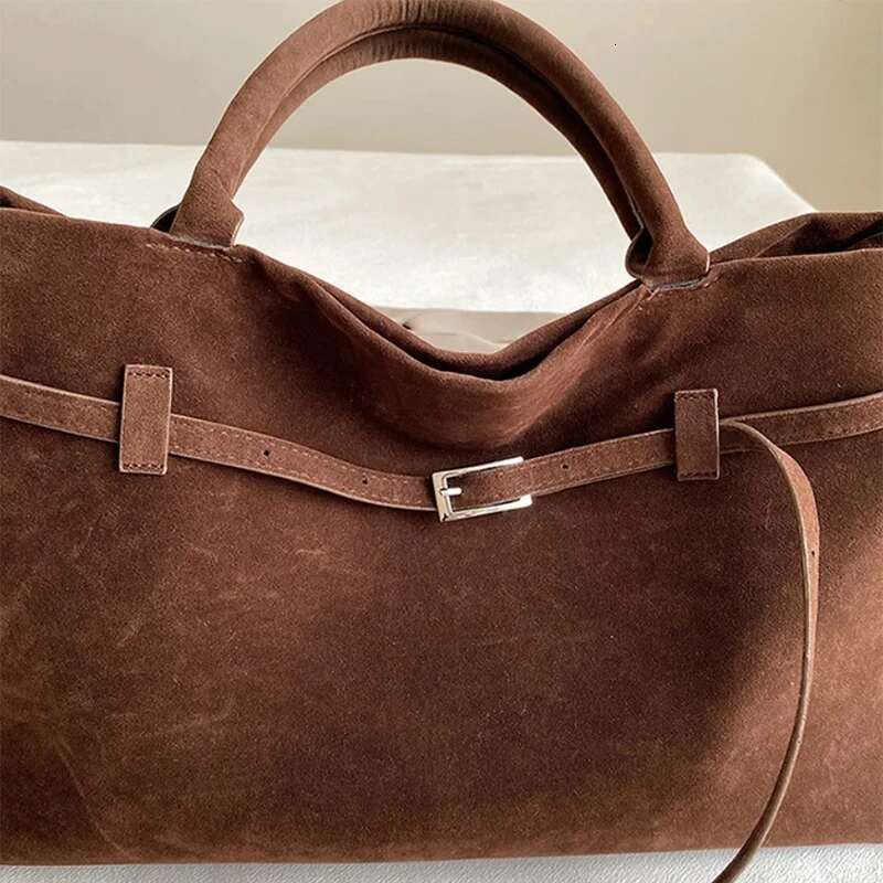 Trendy Autumn Brown Tote Women's Retro Suede Large Capacity Shoulder Belt Buckle Design Ladies Underarm Commuter Bag