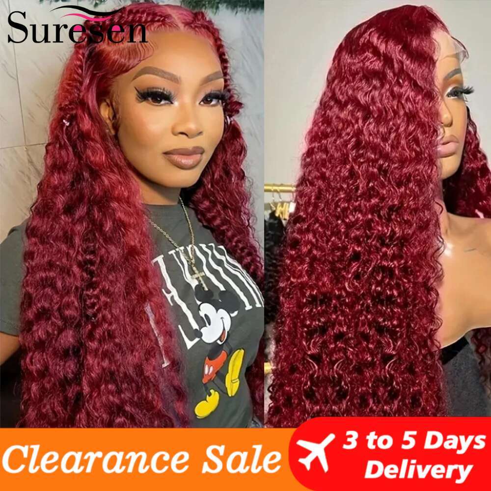Burgudny Red Kinky Curly Human Hair Wigs Deep Wave x HD Lace Frontal J Front Wig For Women