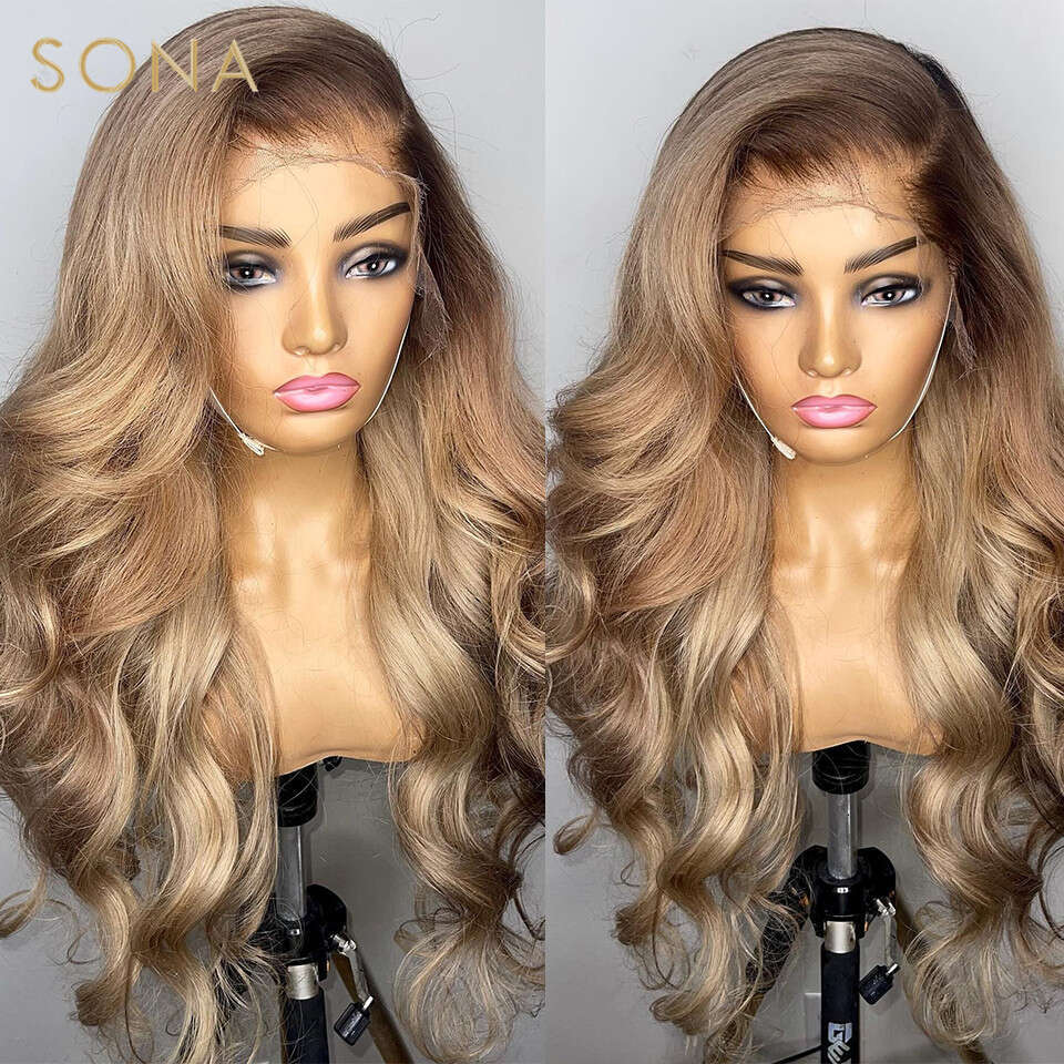 x HD Transparent Lace Frontal Wig Pre Plucked Ombre Honey Blonde Front Wigs Colored Human Hair with Brown Root