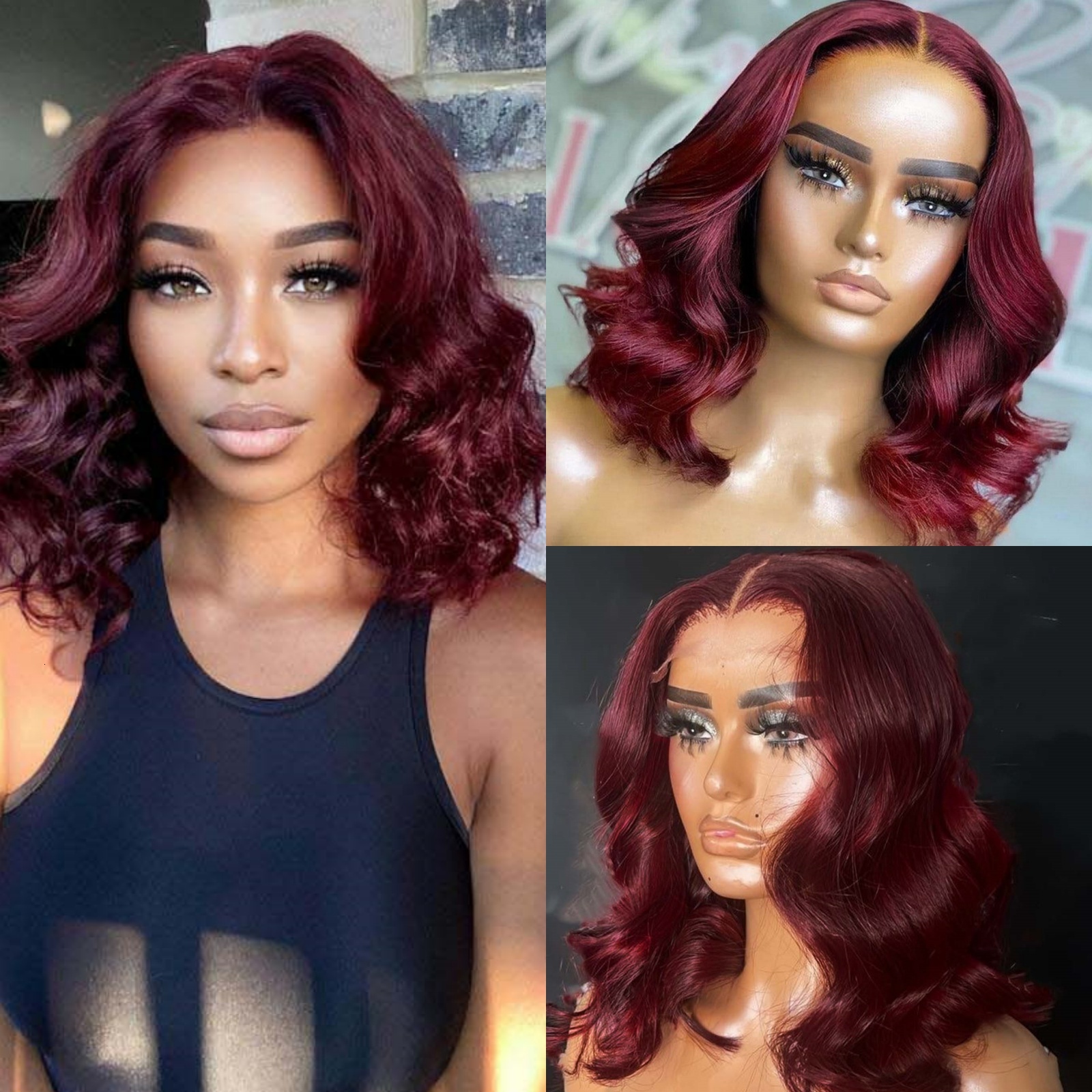 Short Bury Wigs for Women Synthetic Hair Shoulder Length Bob Curly Wavy Dark Colored 13X4 Frontal Red Lace Front Wig