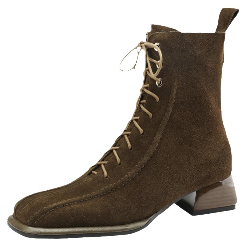 Women Fashion Boots:Lace Up Martin Boots Winter New Trendy Retro Style Versatile Square Toe High Heel,Black/Green,Free shipping
