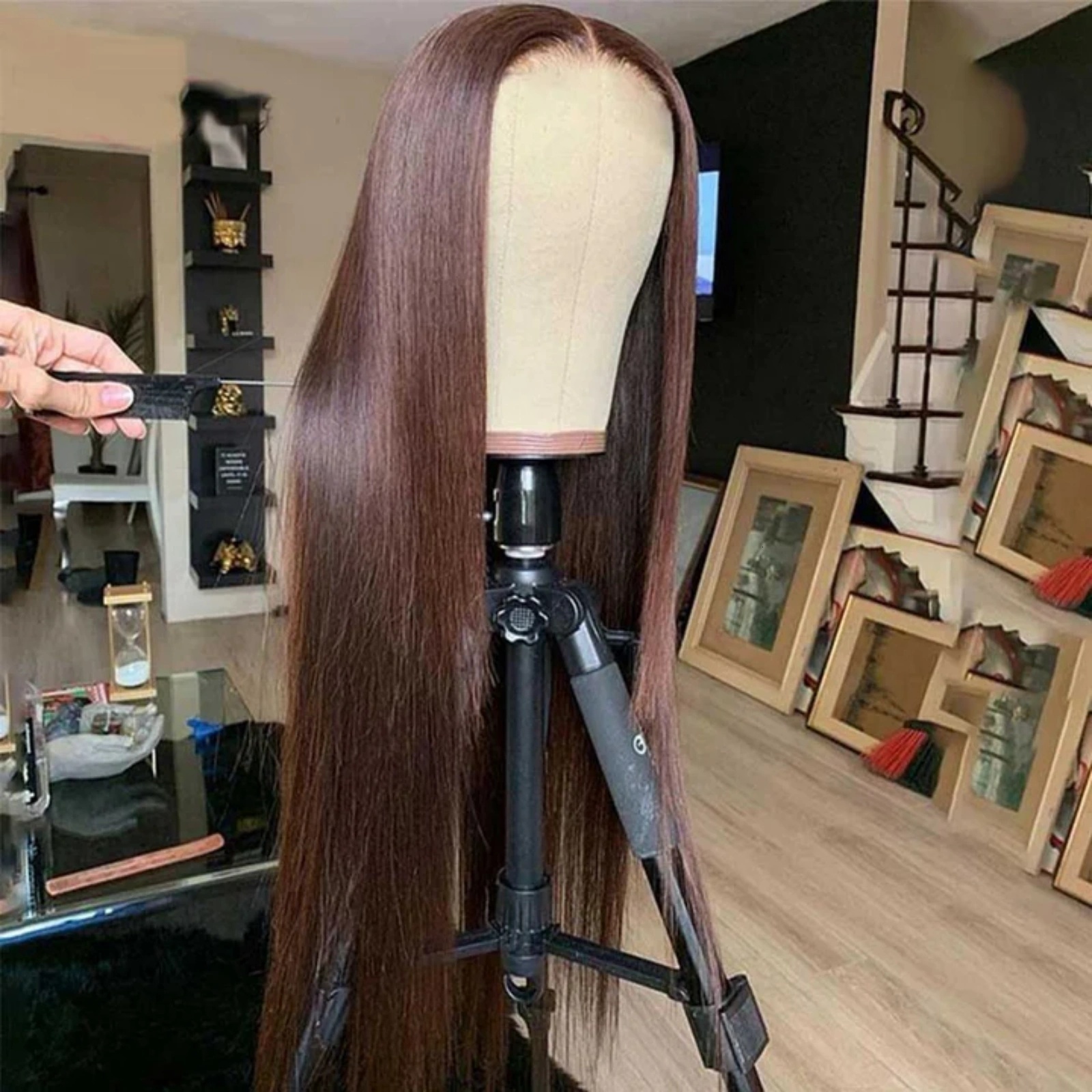 Chocolate Front Long Straight Synthetic Wig Glueless Dark Brown Colored Hair Frontal Lace Wigs for Women Fashion