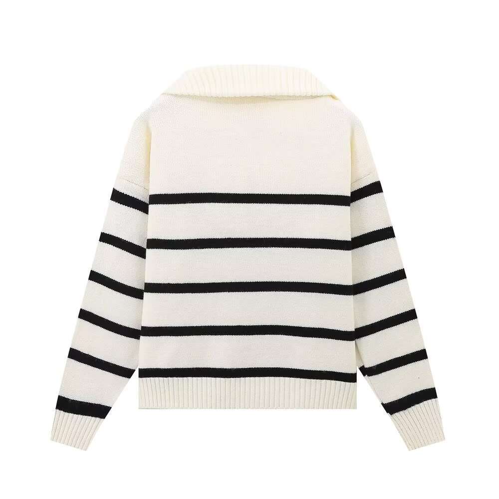 TRAFZA Women Fashion Striped Knitted Zipper Mock Neck Long Sleeve New 2024 Spring Fall Casual Versatile Sweater