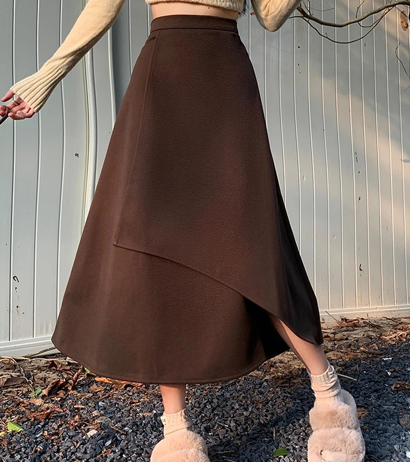 Wool Irregular Skiing Womens Autumn and Winter Style Korean Style Fashion Elegant High Waist Medium Length Casual Skiing 241028