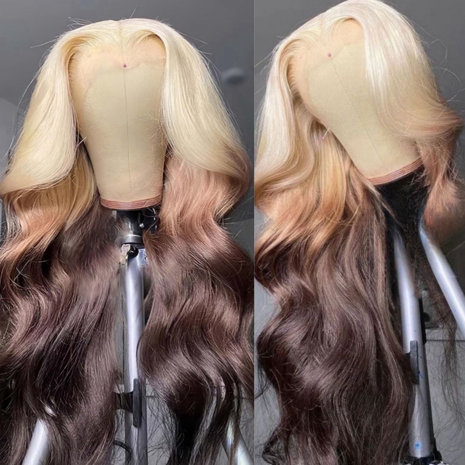 Ombre Blonde Synthetic Hair with Dark Brown Body Wave Long Wavy Lace Front Wig 13X4 Frontal Colored Wigs for Women Party