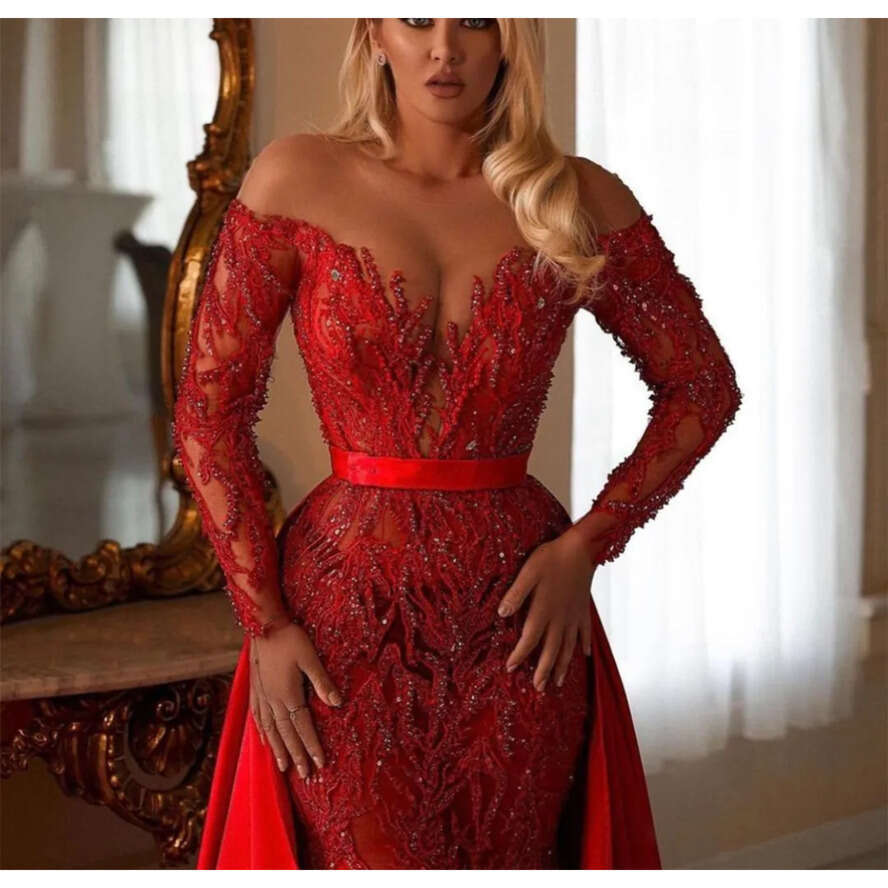 Red Mermaid Prom Long Sleeves V Neck Pearl Lace Appliques Sequins Beaded Or Length Celebrity Satin Detachable Train Evening Dresses Plus Size Custom M