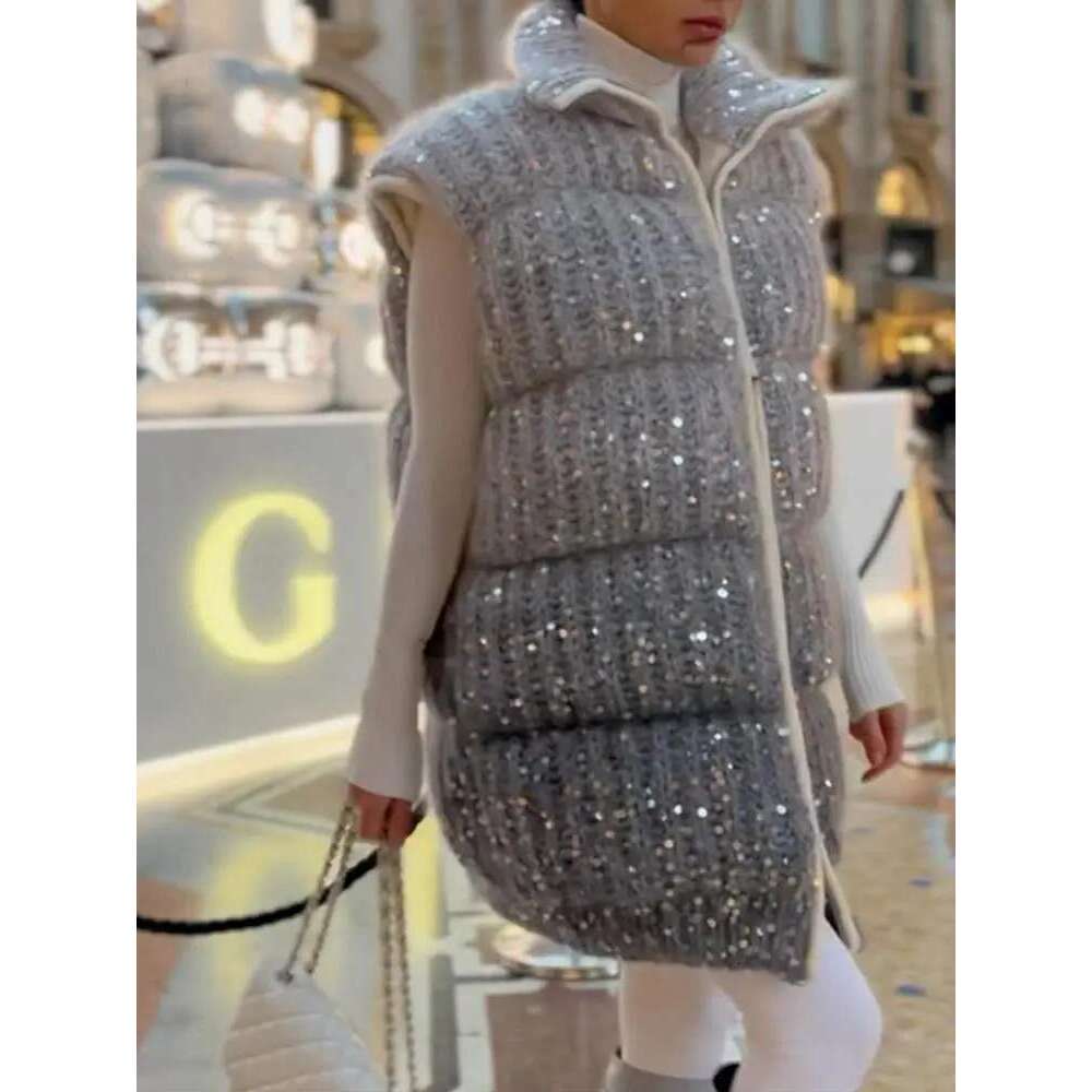 2024 Gradient Sequins Sleeveless Knitted Vest Fashion Stand Collar Zipper Short Coat Autumn Winter New Warm Street Waistcoat
