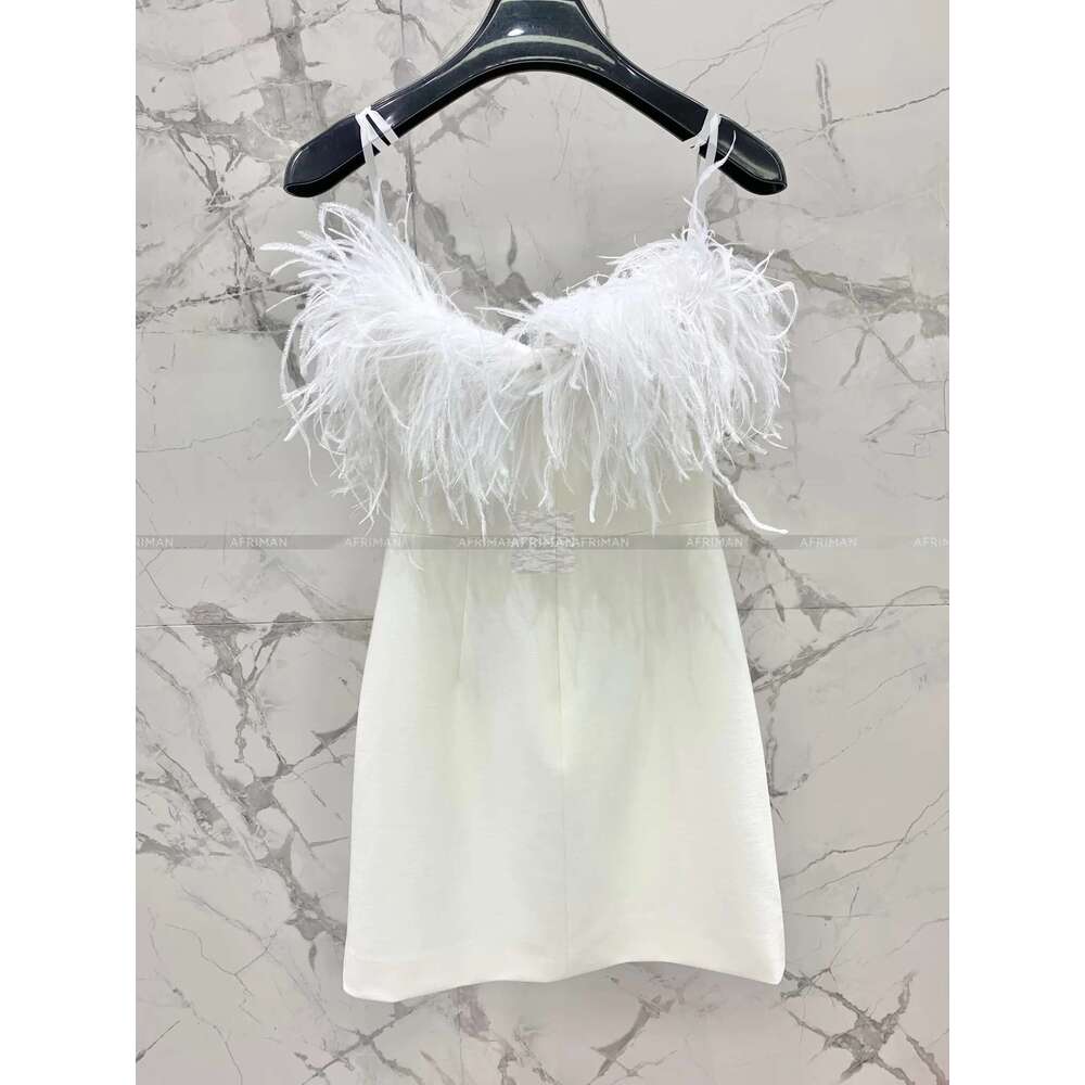 Women Ostrich Hair Strapless Slash Collar Celebrity Style Event Wear Sexy Bodycon Dress