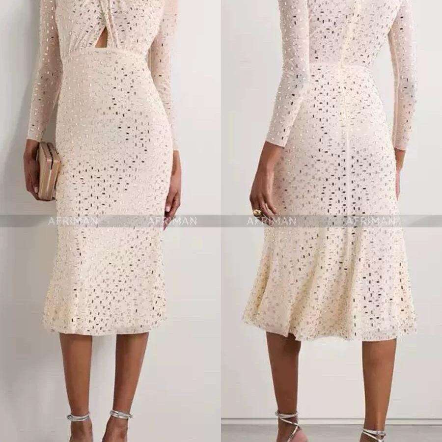 Women Stand Collar Long Sleeve Dia Beaded Tailored Temperament Party Wear Trumpet Dress