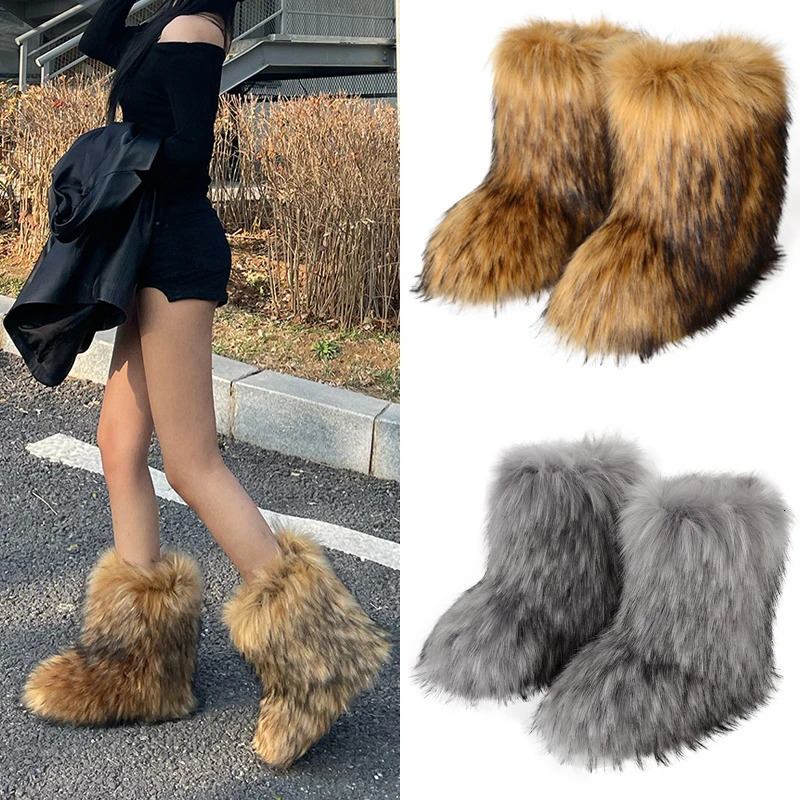 Winter Women Fluffy Faux Fox Fur Boots Woman Plush Warm Snow Boots Footwear Girls Furry Fur Bottes Fashion Winter Shoe 241028