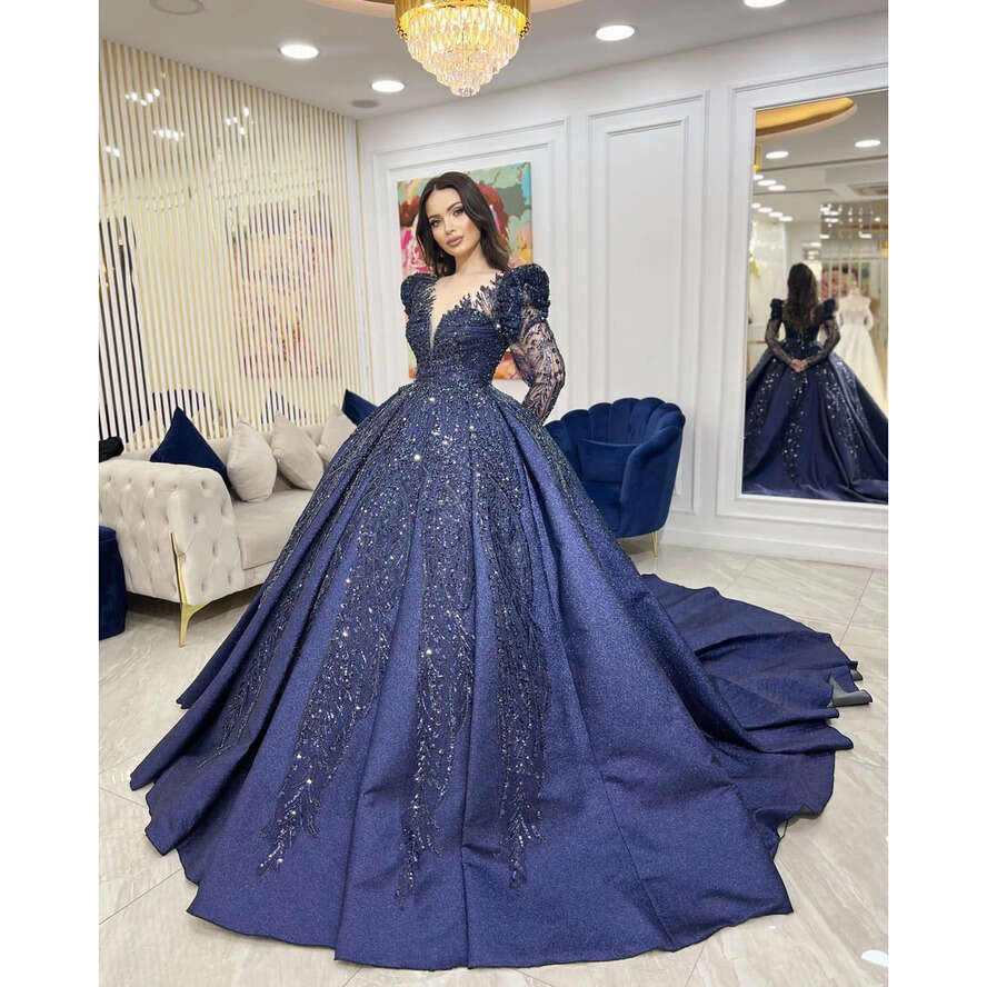 Navy Blue Muslim Evening Dresses Elegant Sheer V Neck Long Sleeves Ball Gown Turkish Kaftan Dress Crystal Beaded Ruffle Formal Gowns For Women 0516