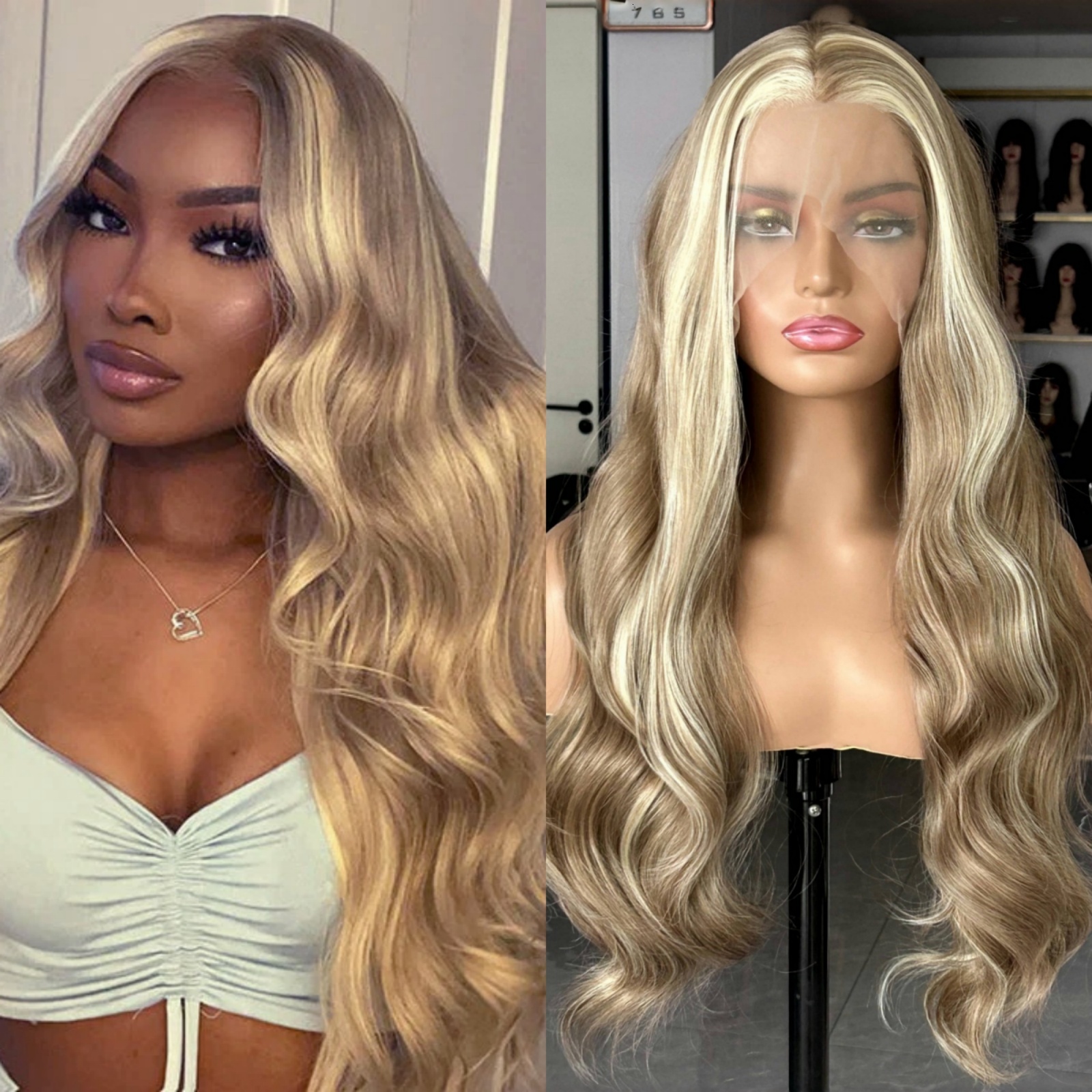 Brown Wig with Ash Blonde Highlights Synthetic Hair Long Wavy Loose Body Wave Strea Money Piece 13X4 Frontal Wigs for Women