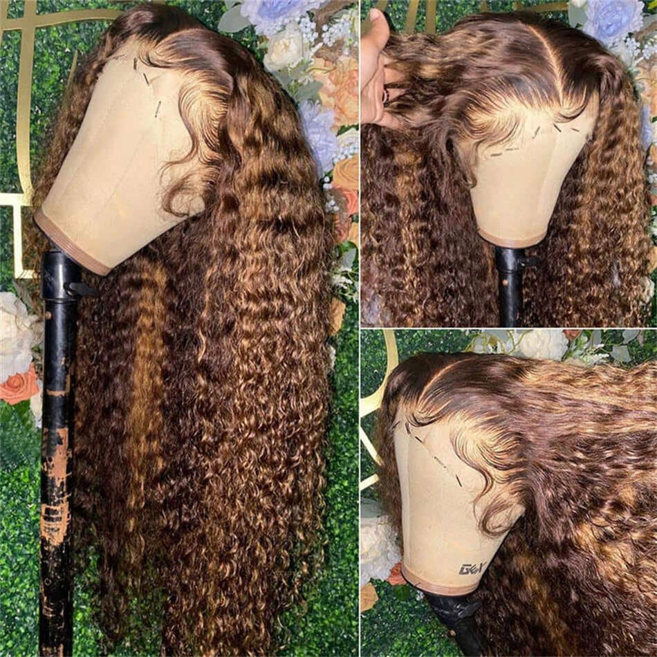 Highlight Colored Wig Human Hair Kinky Curly x Lace Frontal Wigs Deep Water Wave Honey Blonde Front