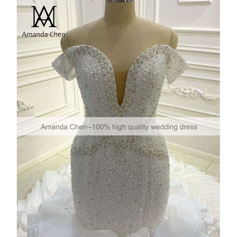 Amanda Novias Off Shoulder Handwork Beading Ruffle Mermaid Wedding Dress