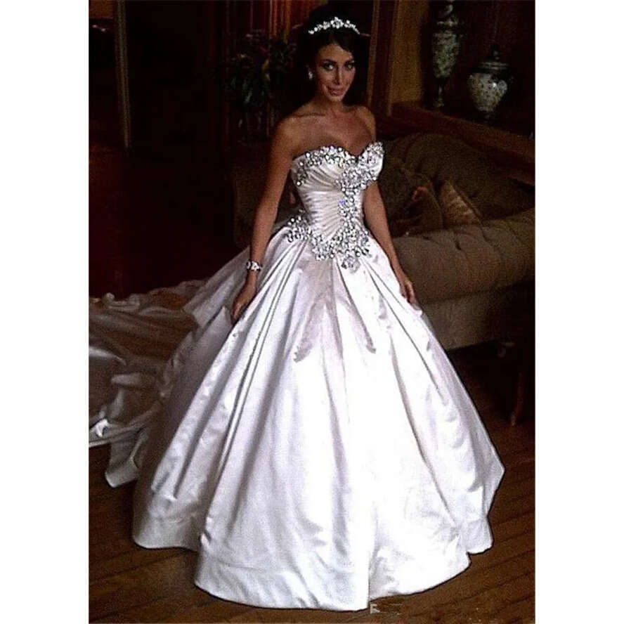 Amazing Crystal Ball Gown Gowns Sweetheart Satin Wedding Dresses Vestido De Noiva Lace-Up Rhies Bridal Dress Custom Made 0510