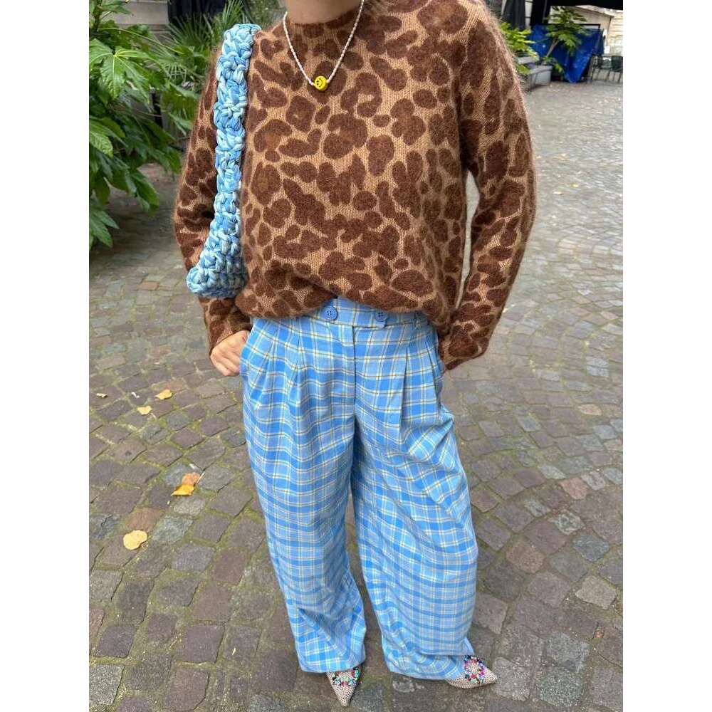 Women Vintage Leopard Print Knitted Pullover Chic Round Neck Long Sleeved Loose Short Sweaters 2024 Autumn New Lady Knitwear