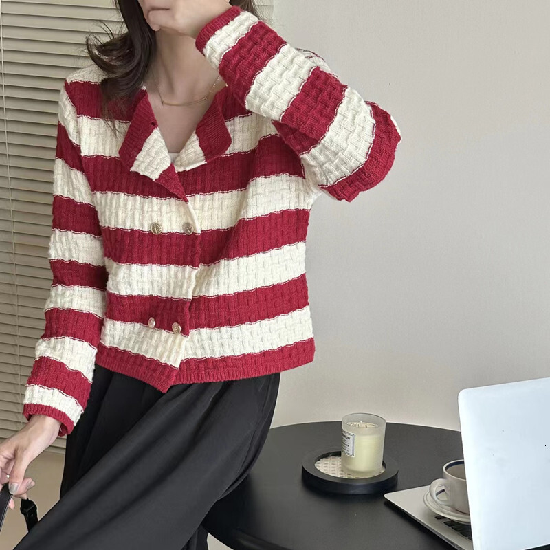 Autumn Winter New Korean Striped Round Neck Sweater Women French Soft And Sticky Double Breasted Versatile Knitted Cardigan For Women F1028#38