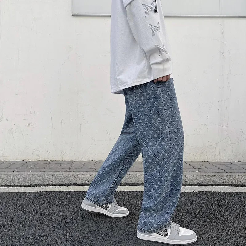 Jeans Mens 2023 Straight Lift Pattern Loose Wide Leg Casual Boyfriend Pants Men Clothing INS 241028