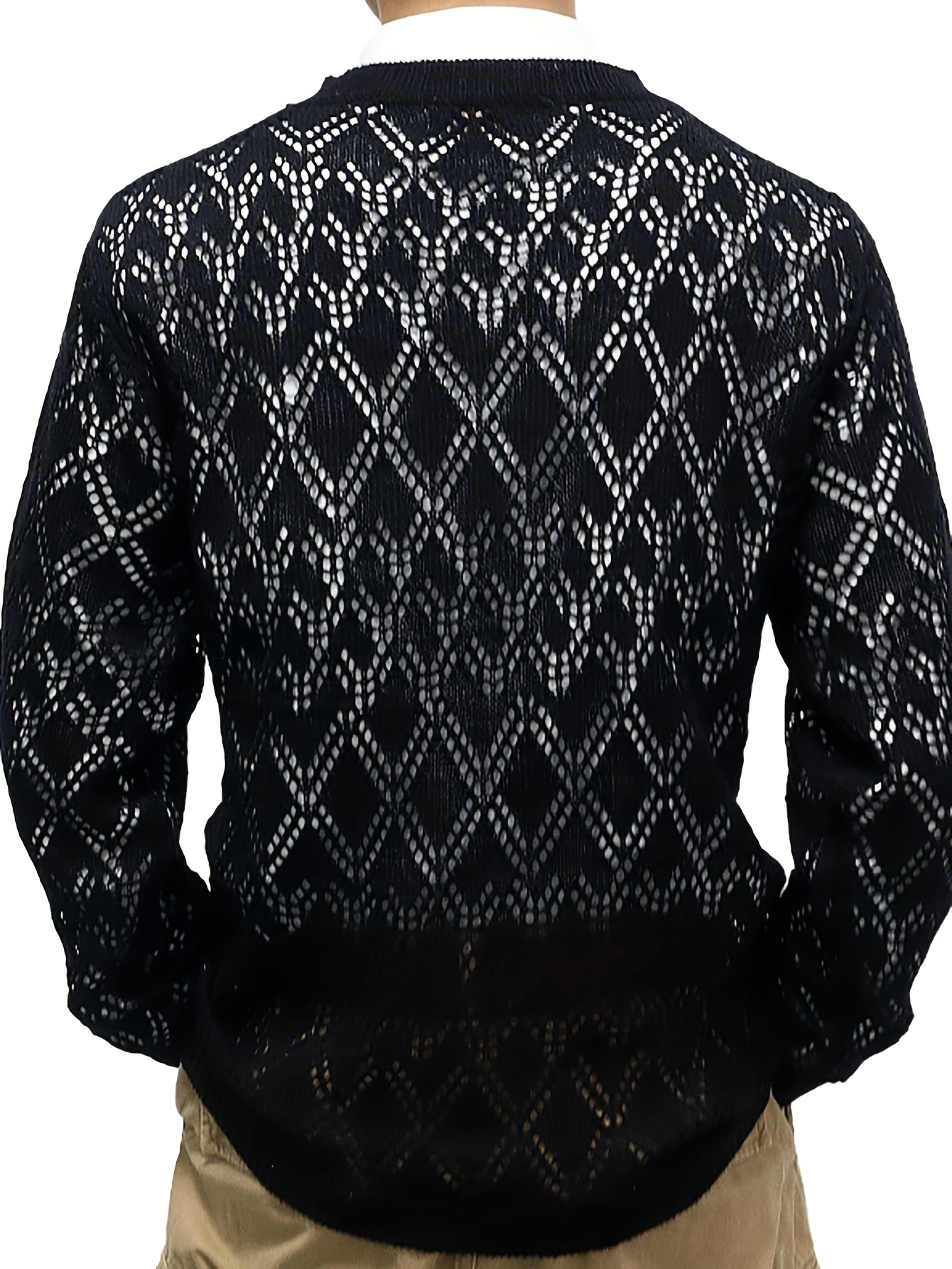 Fashionable knitted sweater with transparent mesh hollow design, casual round neck pullover sweater, sexy nightclub clothing for men