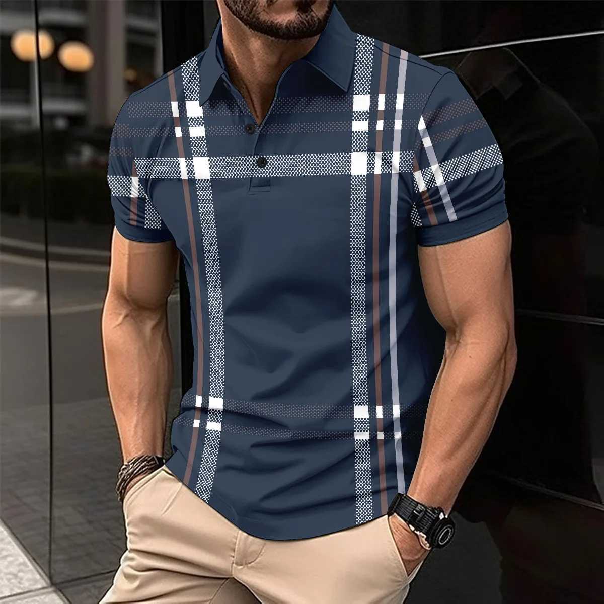 Fashion Mens Striped POLO Shirt Casual Business Lapel Button Short Sleeve Street Summer Trend Style Mens Clothing Oversized Tops XJ250605