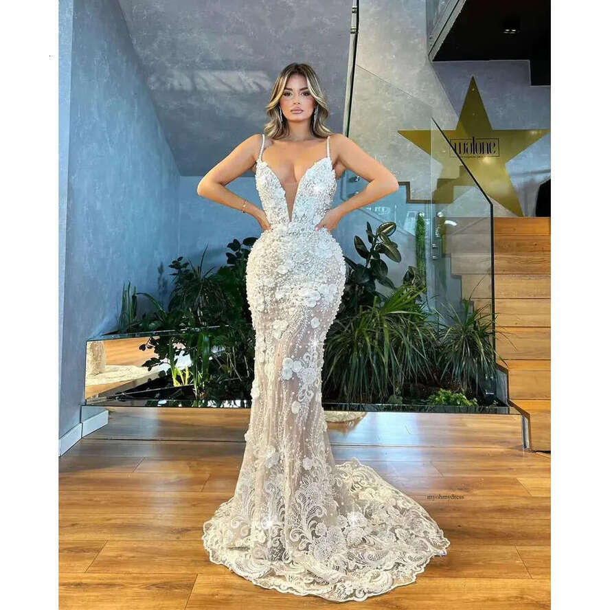 Sexy Mermaid Prom Sleeveless V Neck Spaghetti Straps Appliques Sequins Or Length Wers Pearls Lace Hollow Evening Formal Dresses Plus Size Custom Made 