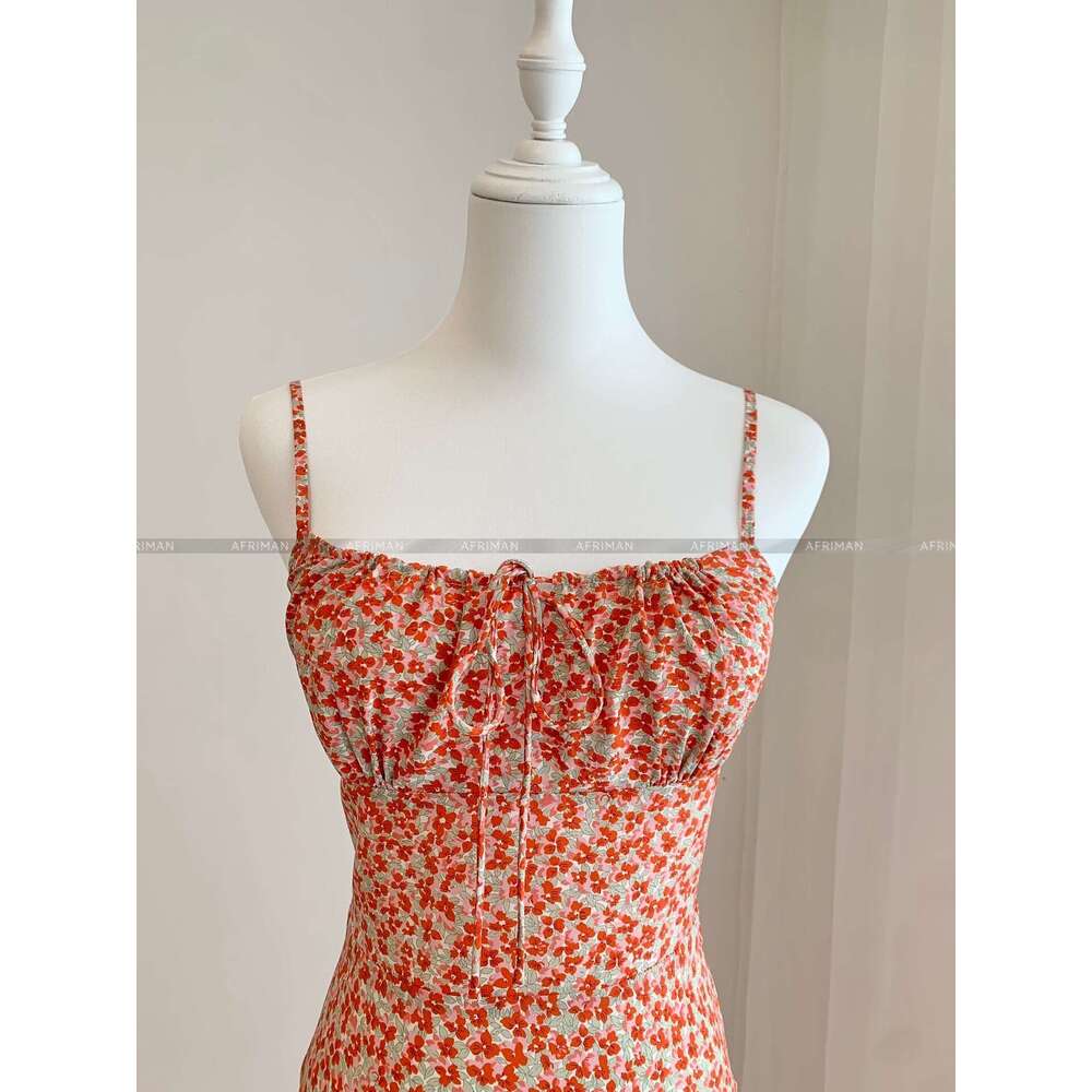 Summer Diagonal Cut Silk Suspender Rose Print Slim Fit Seaside Vacation Dress For Women