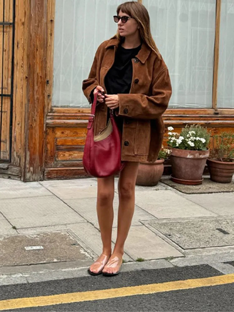 Brown single chest womens suede jacket casual lapel long sleeved womens short jacket autumn high street womens warm jacket 241025
