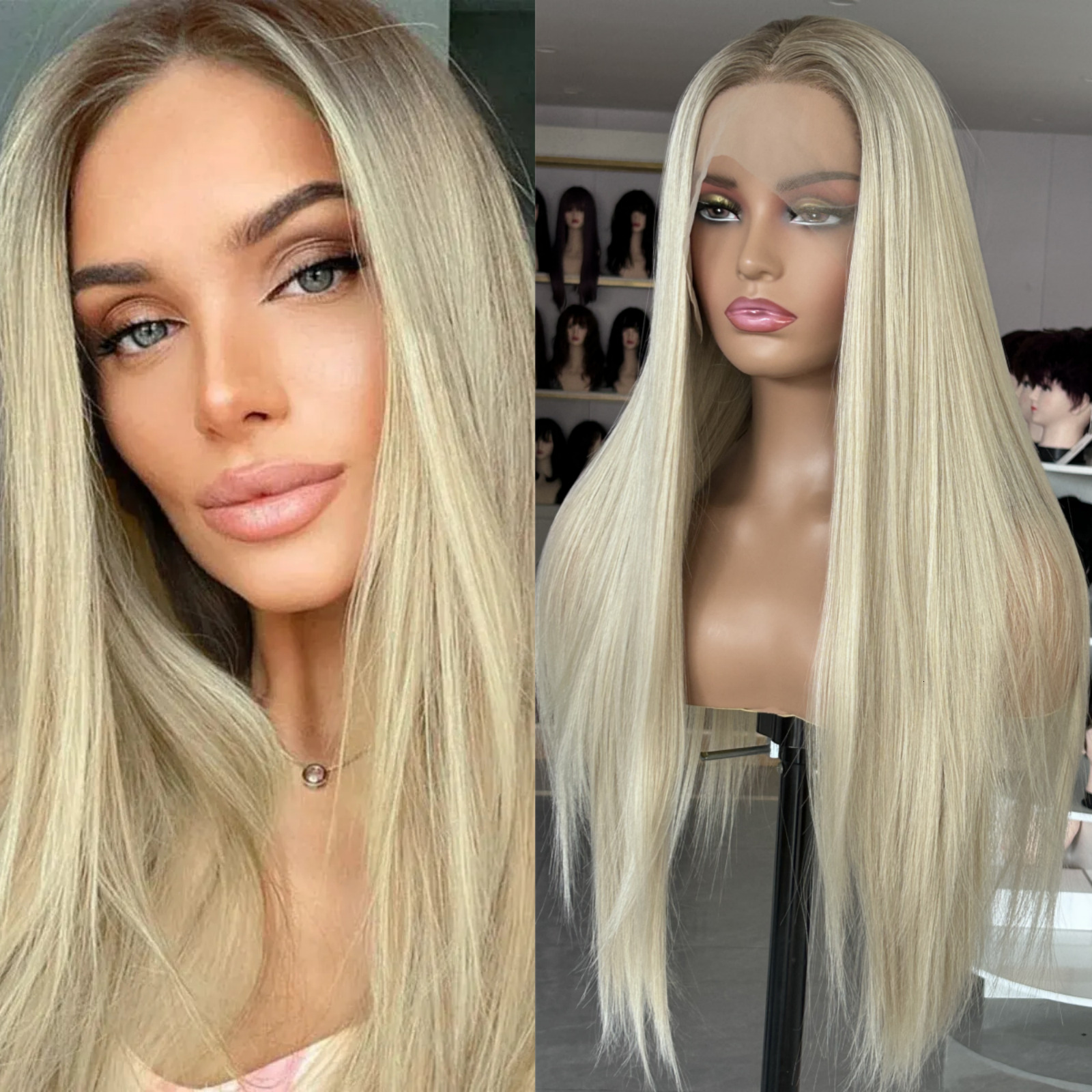 Ombre Lace Front Long Straight Synthetic Wig Brown Blonde Highlight Colored Hair 13X4 Frontal Wigs for Women Party Cosplay