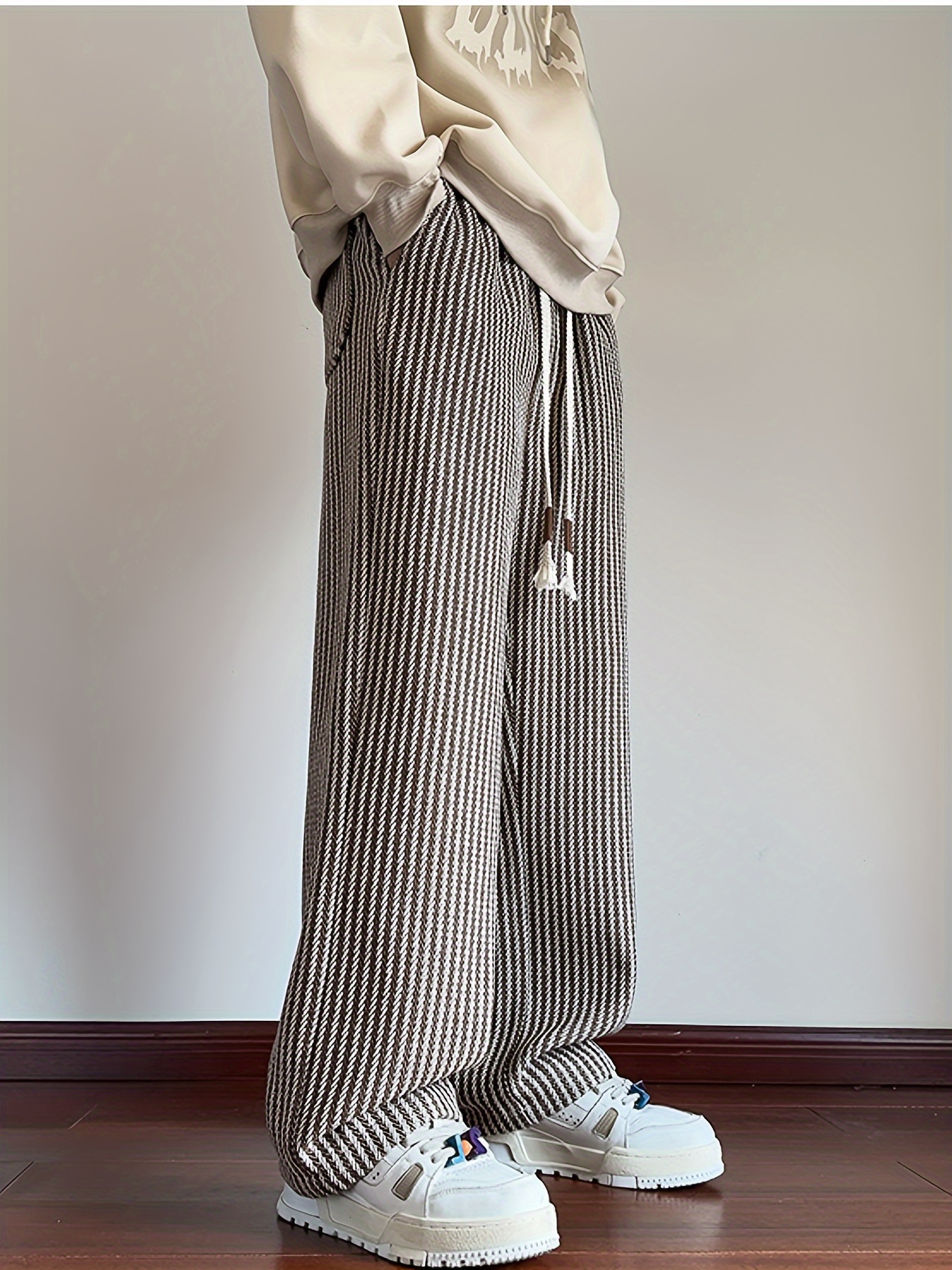 Men's casual striped pants with waistband design - mid waist design, polyester fabric, elastic waistband, straight cut, with waistband included